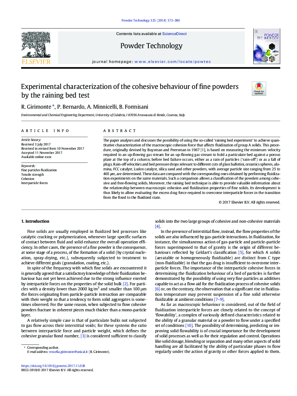 Experimental characterization of the cohesive behaviour of fine powders by the raining bed test