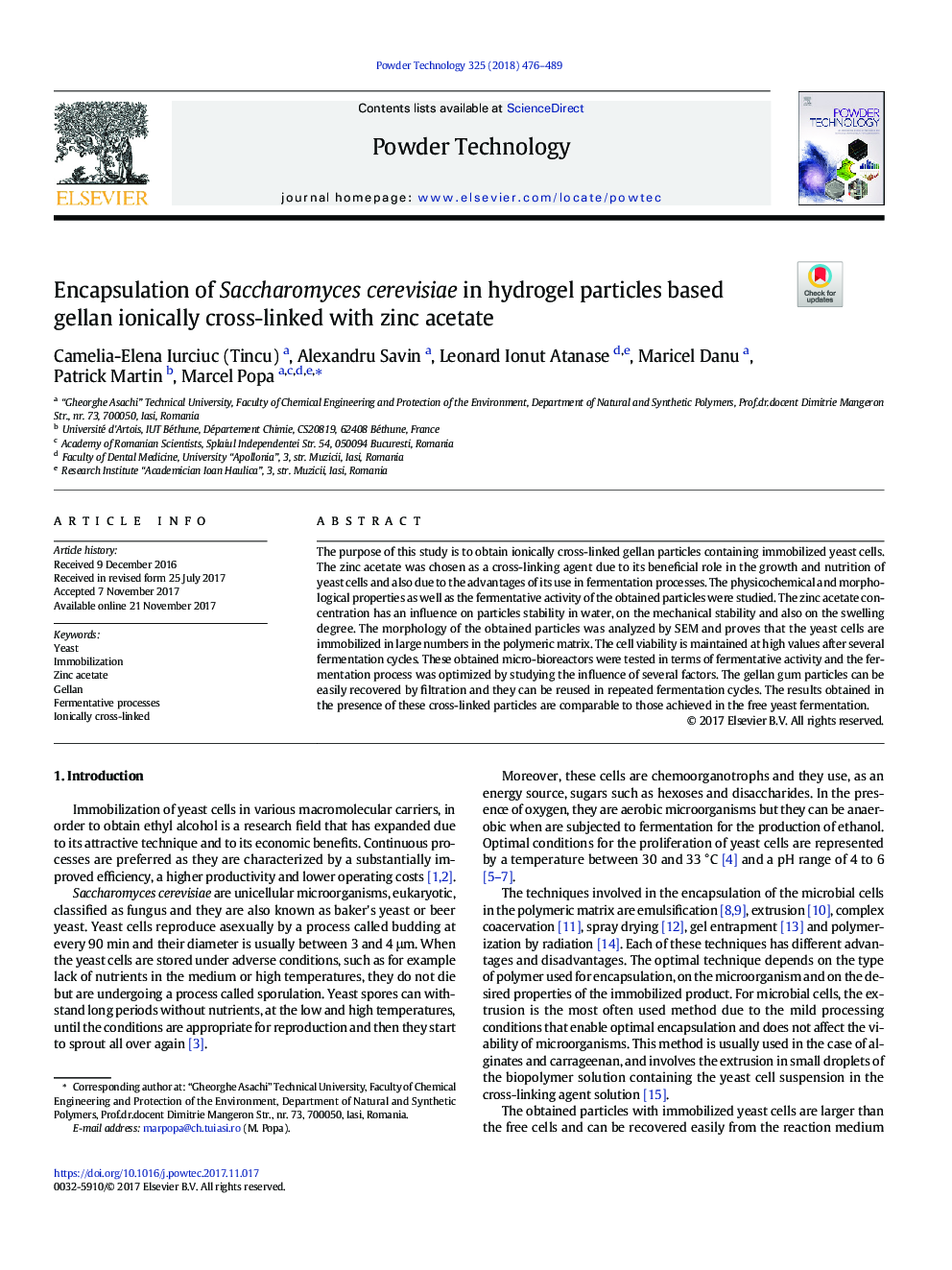 Encapsulation of Saccharomyces cerevisiae in hydrogel particles based gellan ionically cross-linked with zinc acetate