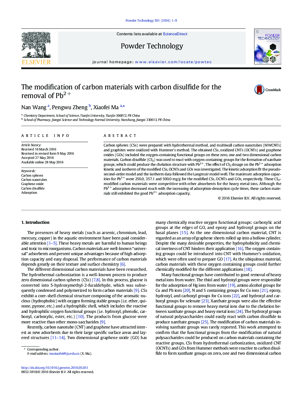 The modification of carbon materials with carbon disulfide for the removal of Pb2Â +