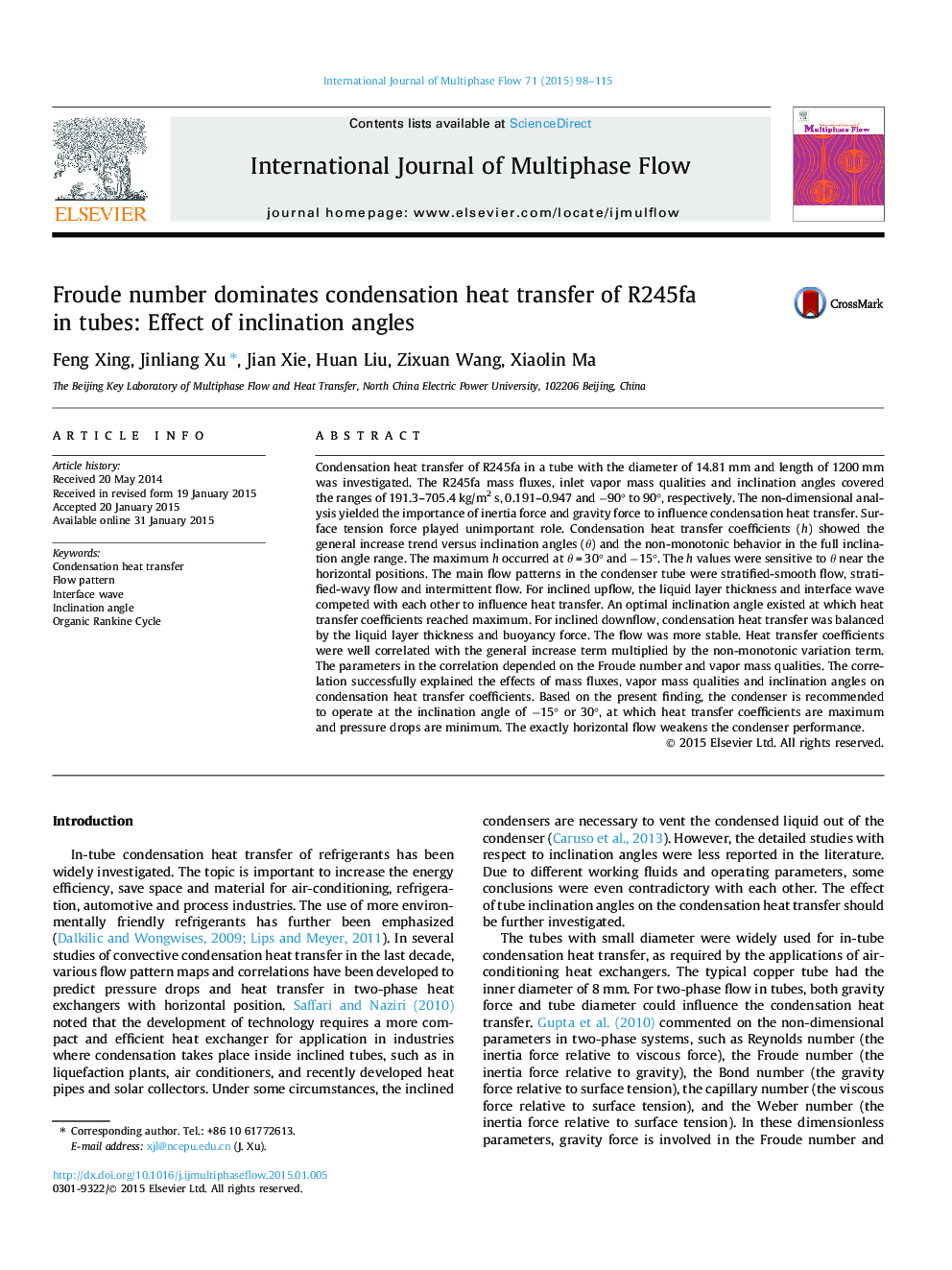 Froude number dominates condensation heat transfer of R245fa in tubes: Effect of inclination angles