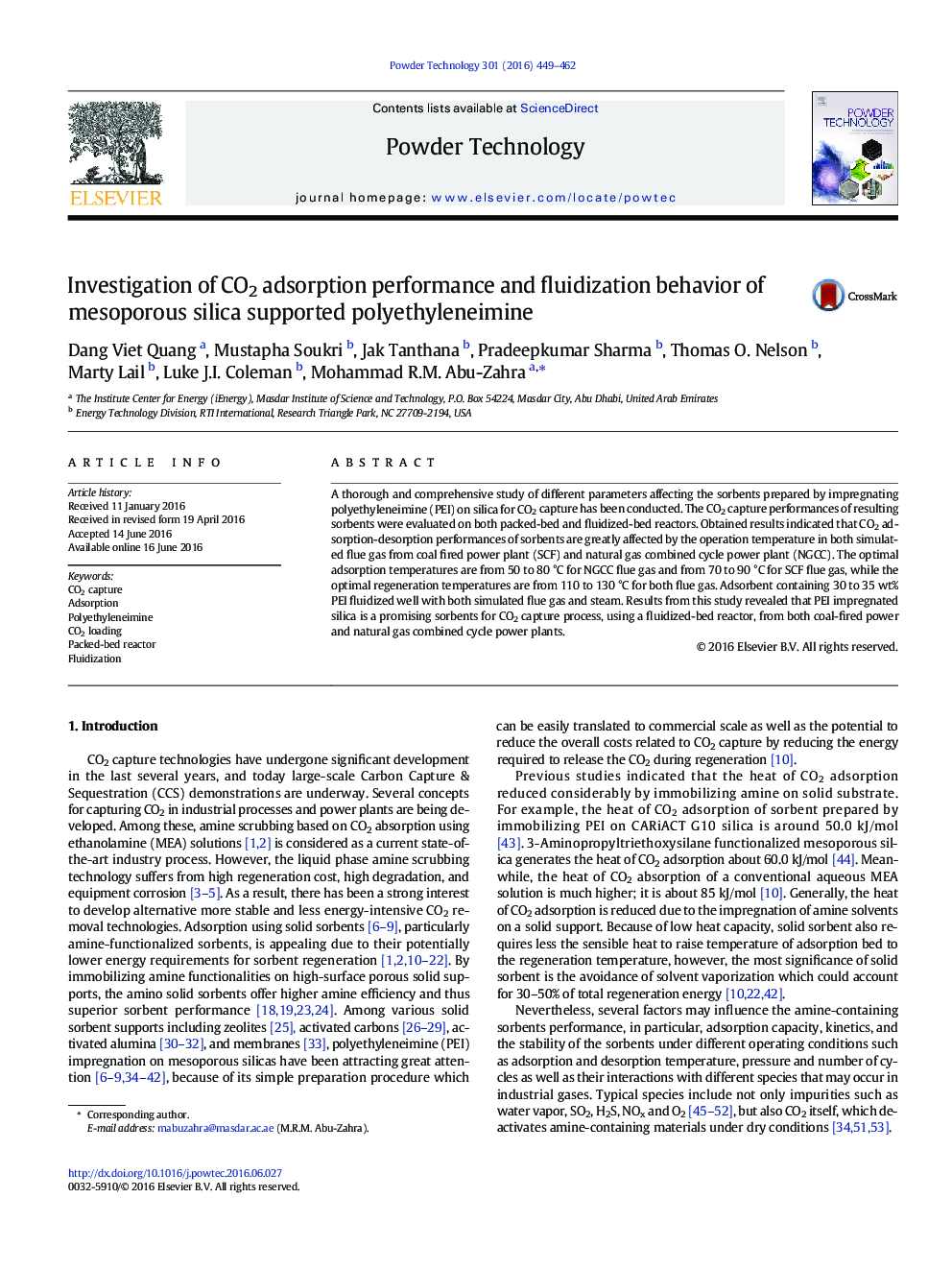 Investigation of CO2 adsorption performance and fluidization behavior of mesoporous silica supported polyethyleneimine