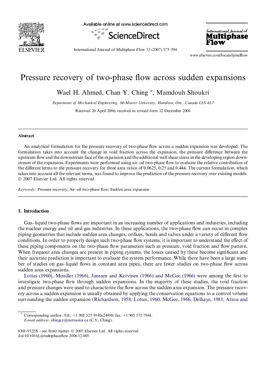 Pressure recovery of two-phase flow across sudden expansions