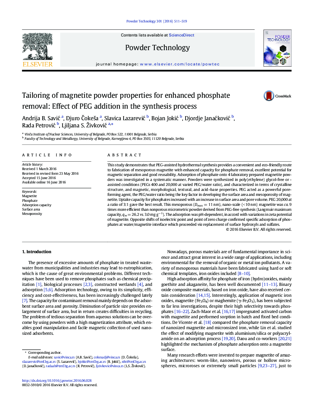 Tailoring of magnetite powder properties for enhanced phosphate removal: Effect of PEG addition in the synthesis process