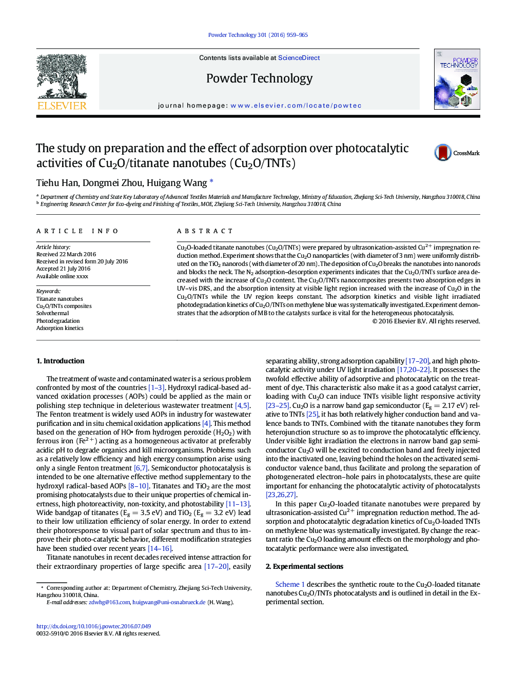 عکس صفحه اول مقاله: The study on preparation and the effect of adsorption over photocatalytic activities of Cu2O/titanate nanotubes (Cu2O/TNTs) The study on preparation and the effect of adsorption over photocatalytic activities of Cu2O/titanate nanotubes (Cu2O/TNTs)