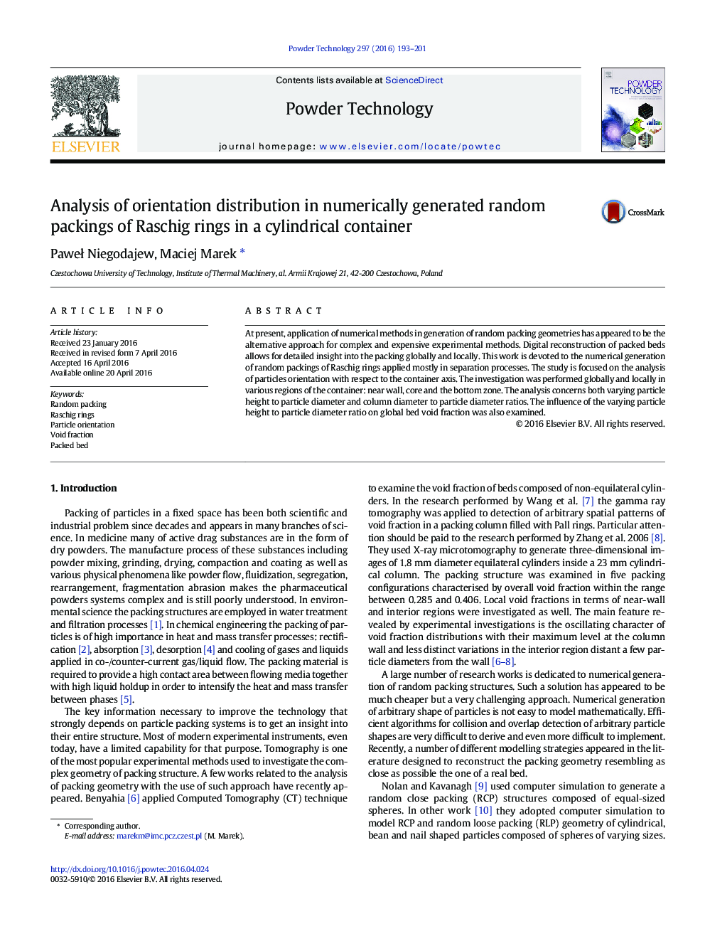 Analysis of orientation distribution in numerically generated random packings of Raschig rings in a cylindrical container