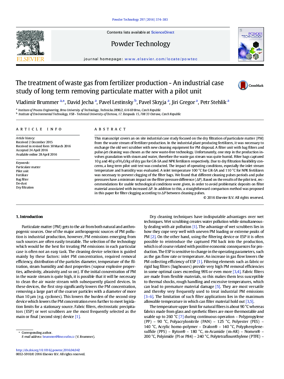 The treatment of waste gas from fertilizer production - An industrial case study of long term removing particulate matter with a pilot unit