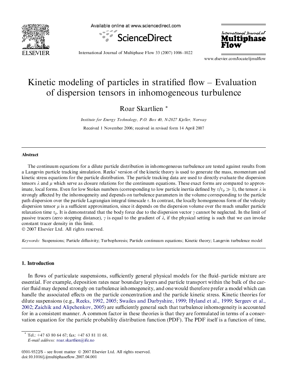 Kinetic modeling of particles in stratified flow - Evaluation of dispersion tensors in inhomogeneous turbulence