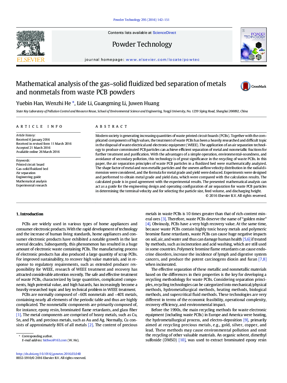 Mathematical analysis of the gas-solid fluidized bed separation of metals and nonmetals from waste PCB powders