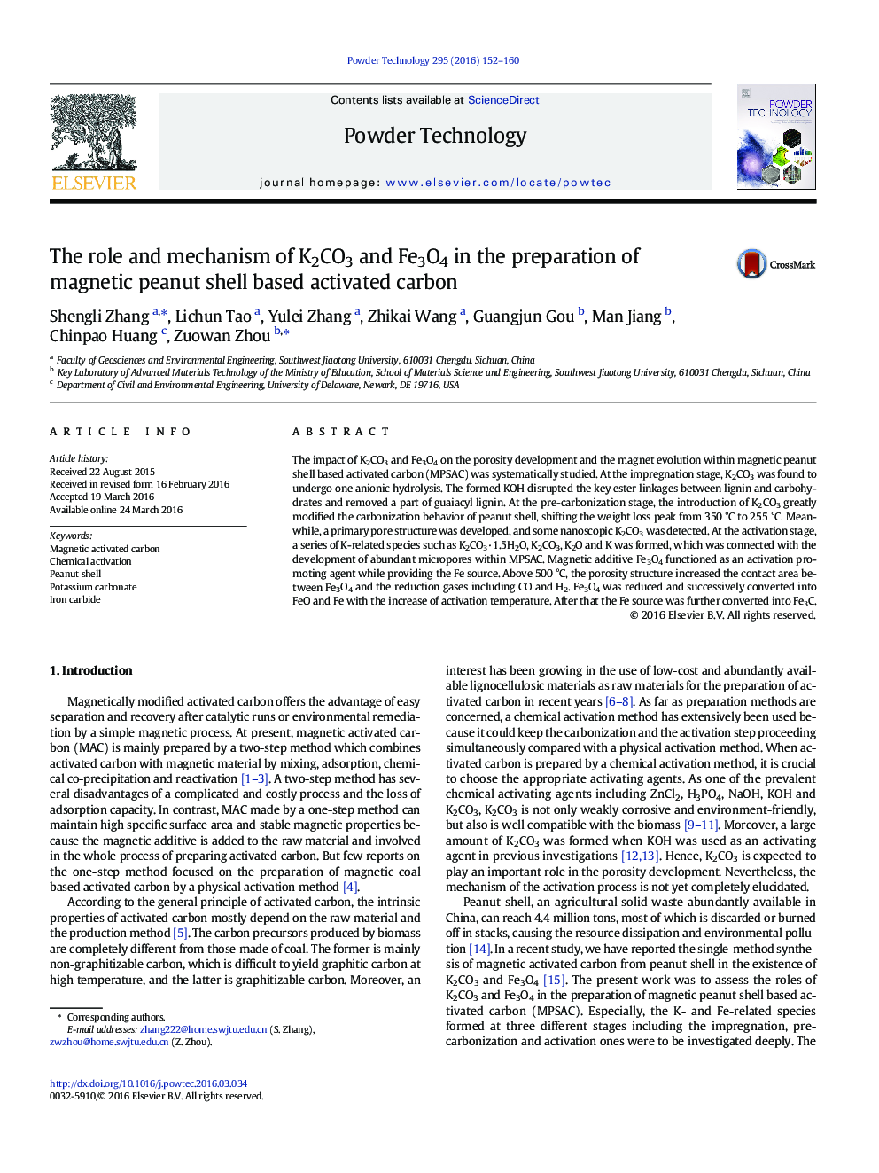 The role and mechanism of K2CO3 and Fe3O4 in the preparation of magnetic peanut shell based activated carbon