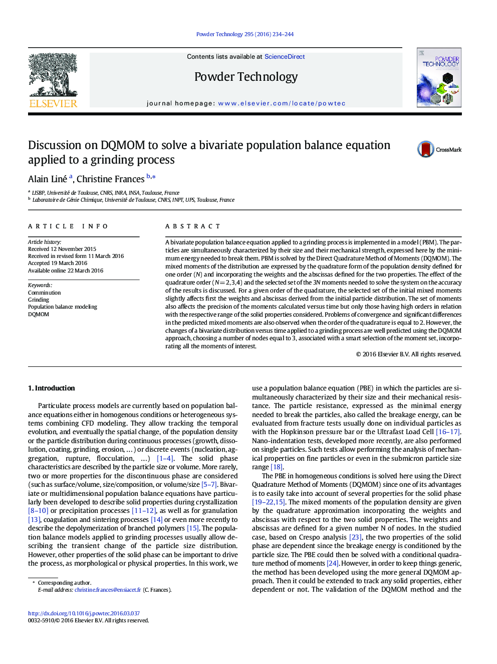 Discussion on DQMOM to solve a bivariate population balance equation applied to a grinding process