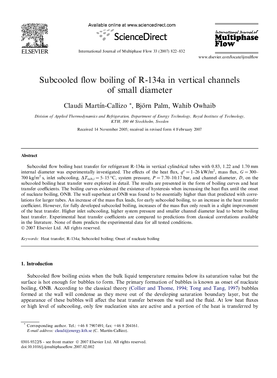 Subcooled flow boiling of R-134a in vertical channels of small diameter