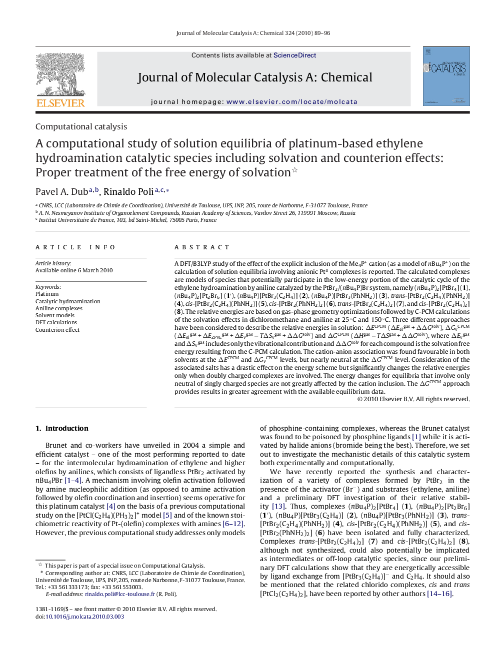 A computational study of solution equilibria of platinum-based ethylene hydroamination catalytic species including solvation and counterion effects: Proper treatment of the free energy of solvation 