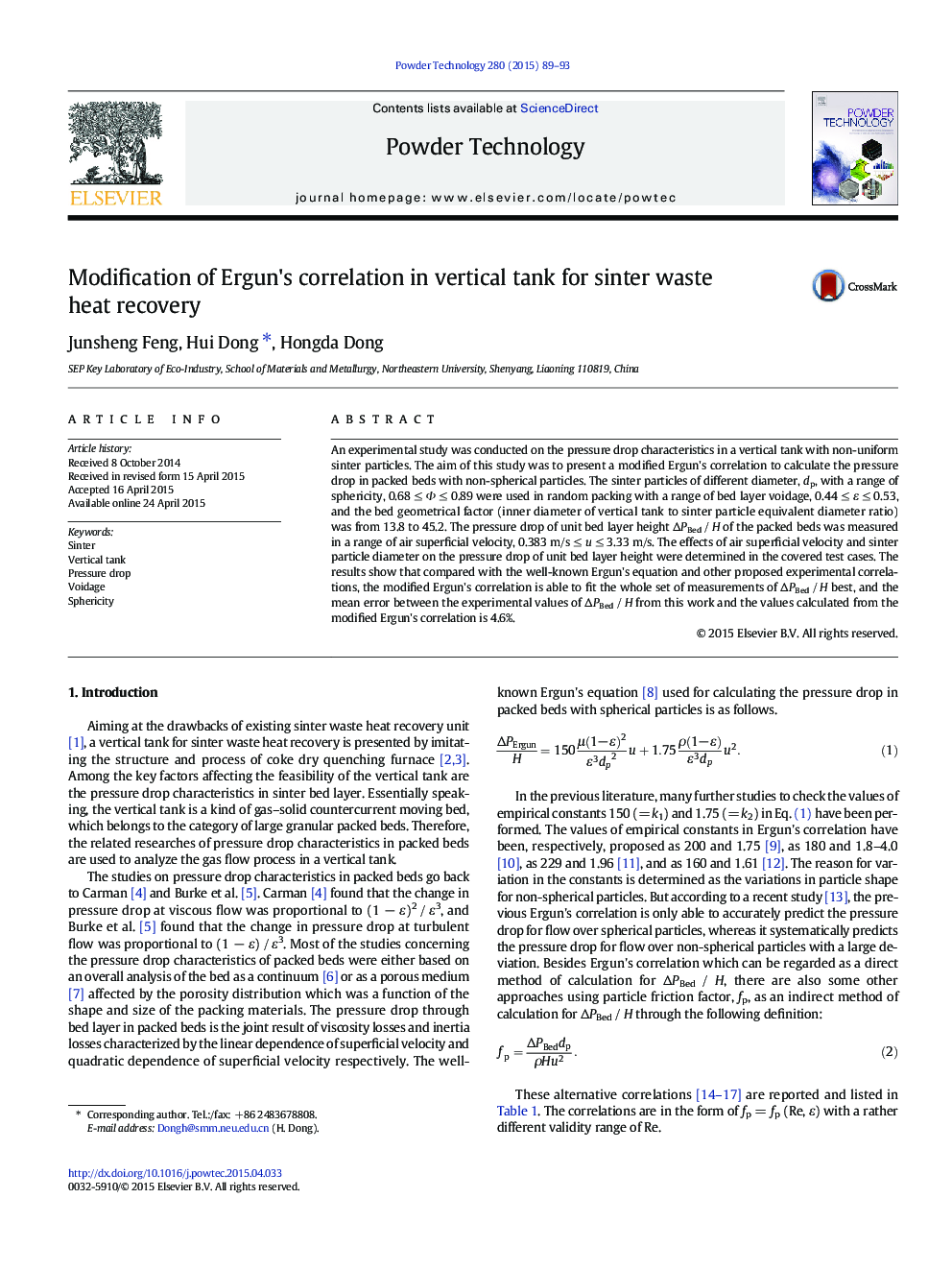 Modification of Ergun's correlation in vertical tank for sinter waste heat recovery