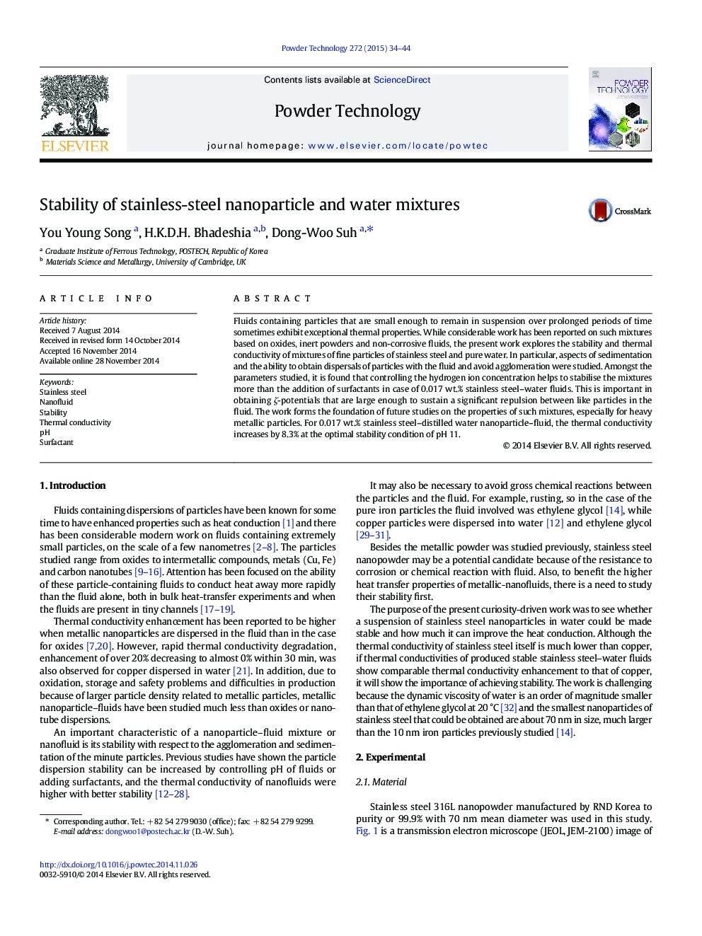 Stability of stainless-steel nanoparticle and water mixtures