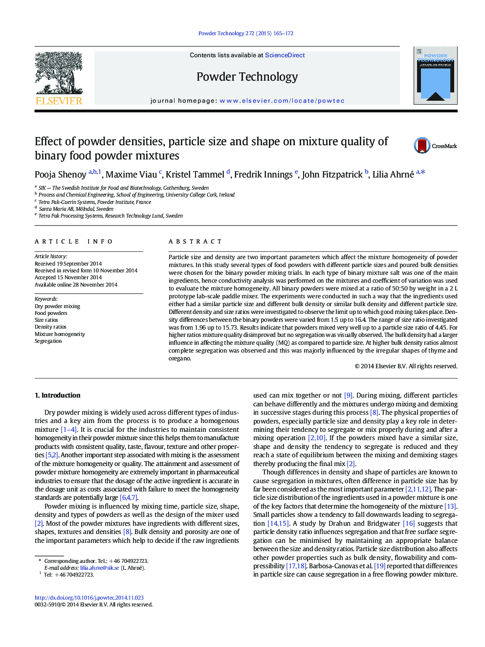 Effect of powder densities, particle size and shape on mixture quality of binary food powder mixtures