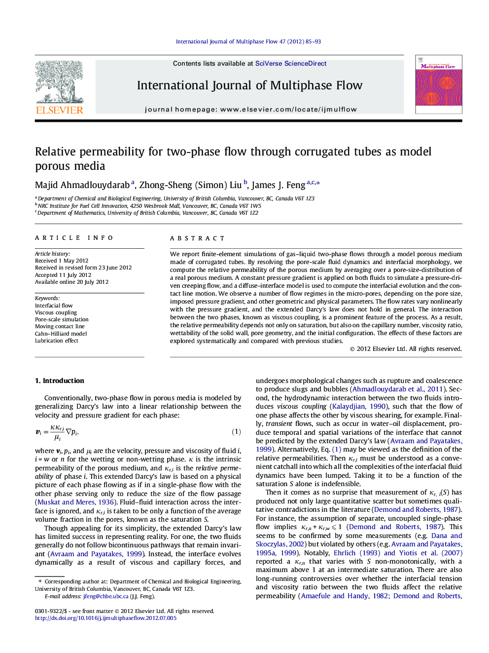 Relative permeability for two-phase flow through corrugated tubes as model porous media