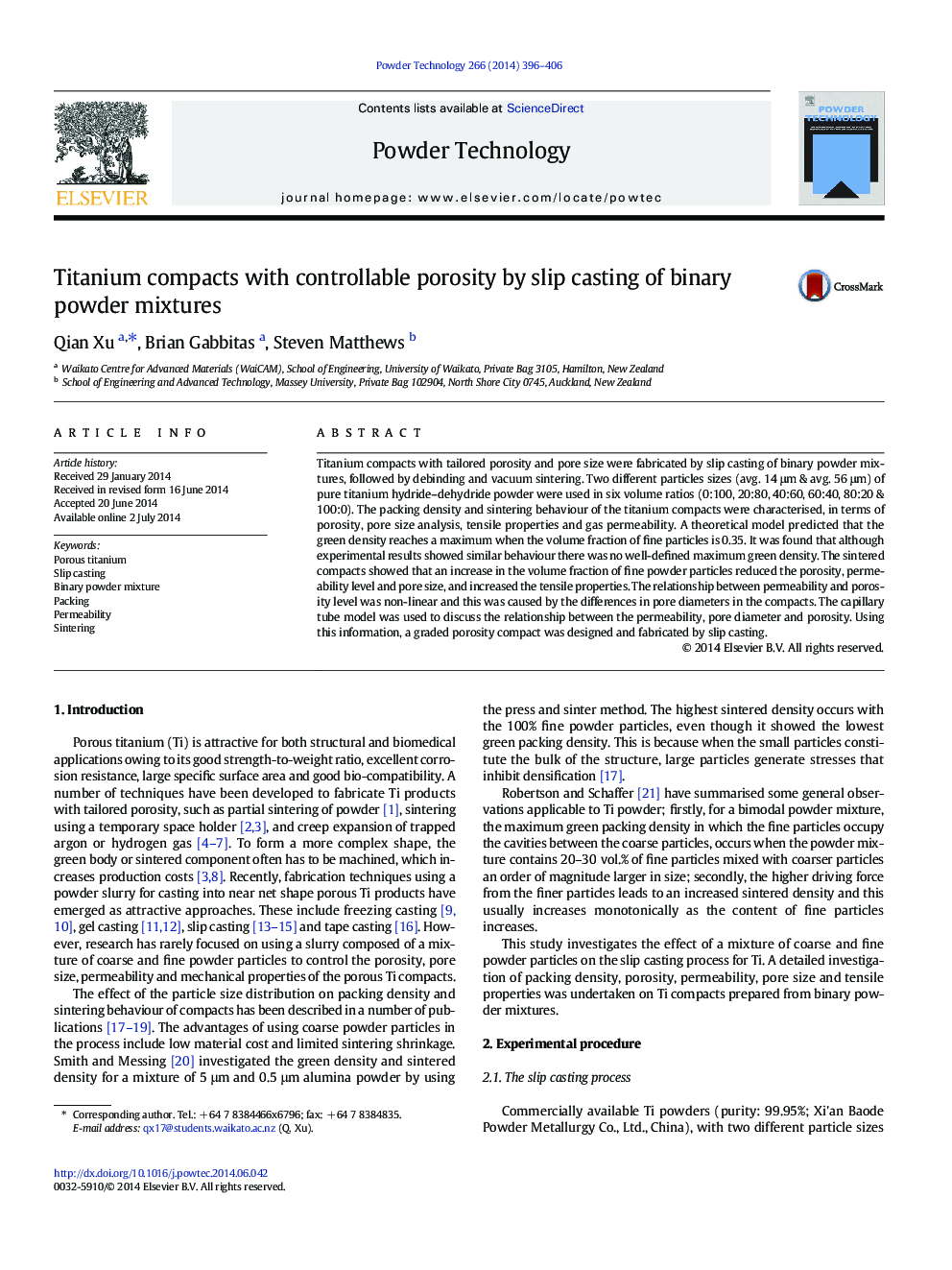 Titanium compacts with controllable porosity by slip casting of binary powder mixtures