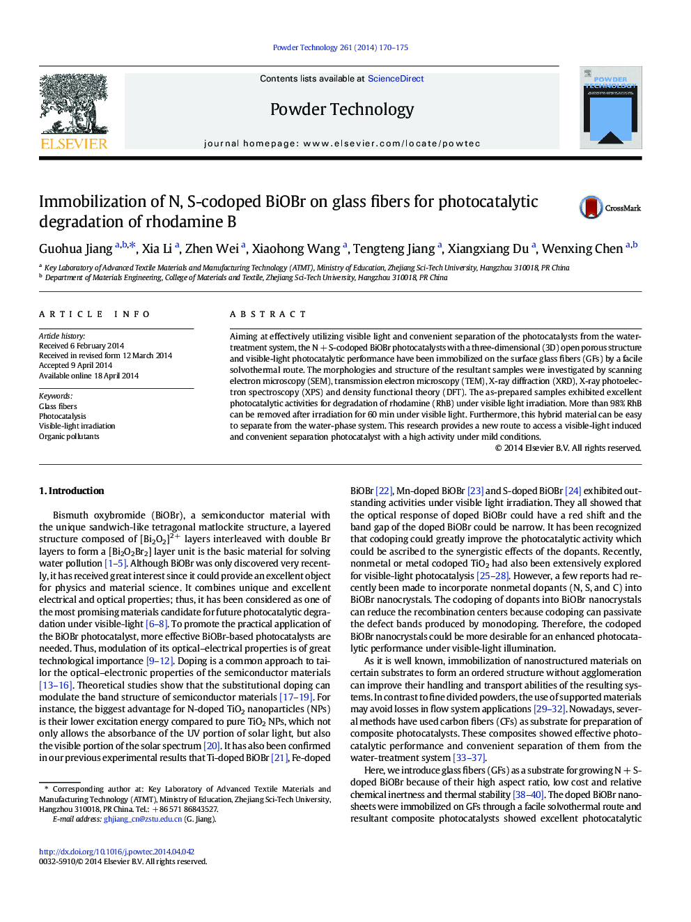 Immobilization of N, S-codoped BiOBr on glass fibers for photocatalytic degradation of rhodamine B