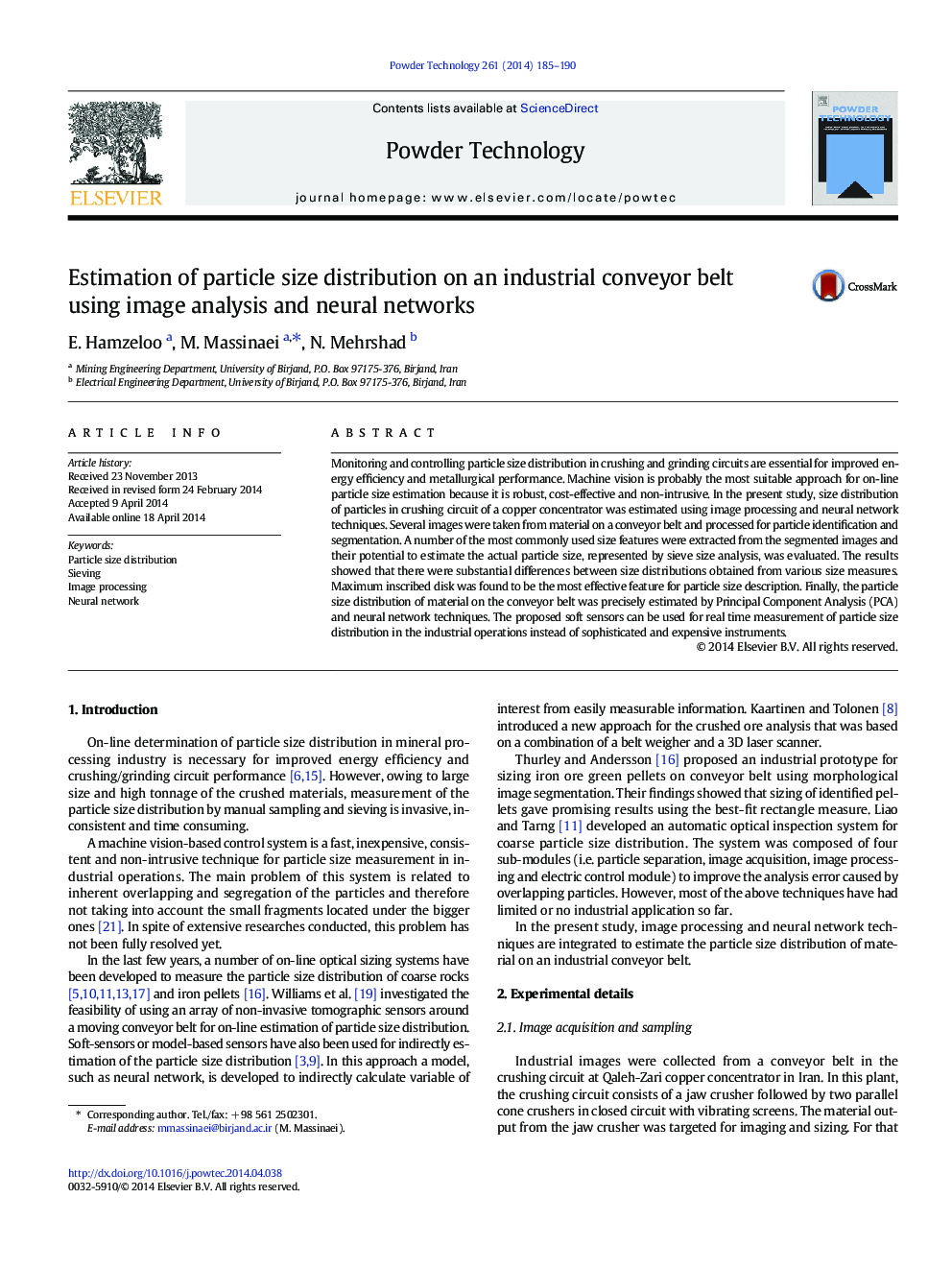 Estimation of particle size distribution on an industrial conveyor belt using image analysis and neural networks