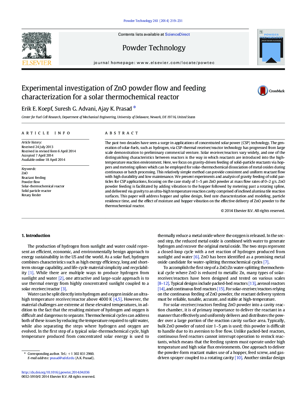 Experimental investigation of ZnO powder flow and feeding characterization for a solar thermochemical reactor