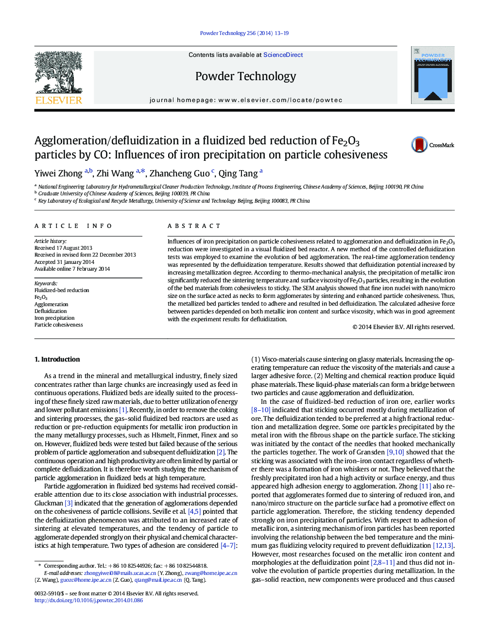 Agglomeration/defluidization in a fluidized bed reduction of Fe2O3 particles by CO: Influences of iron precipitation on particle cohesiveness