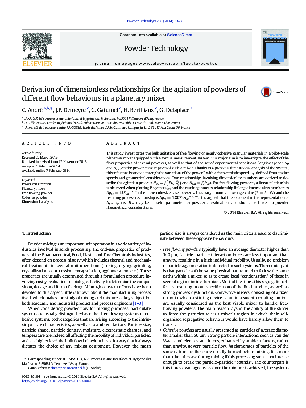 Derivation of dimensionless relationships for the agitation of powders of different flow behaviours in a planetary mixer