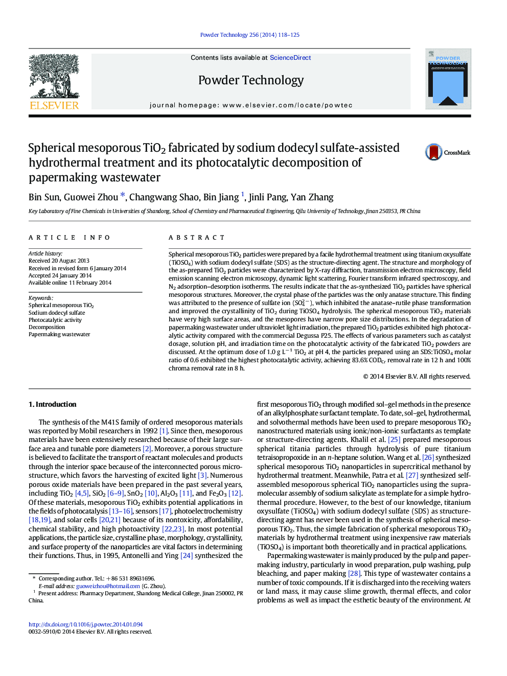 عکس صفحه اول مقاله: Spherical mesoporous TiO2 fabricated by sodium dodecyl sulfate-assisted hydrothermal treatment and its photocatalytic decomposition of papermaking wastewater Spherical mesoporous TiO2 fabricated by sodium dodecyl sulfate-assisted hydrothermal treatment and its photocatalytic decomposition of papermaking wastewater