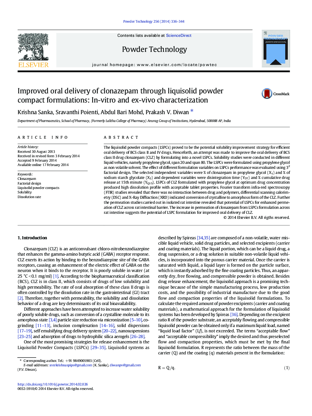 Improved oral delivery of clonazepam through liquisolid powder compact formulations: In-vitro and ex-vivo characterization