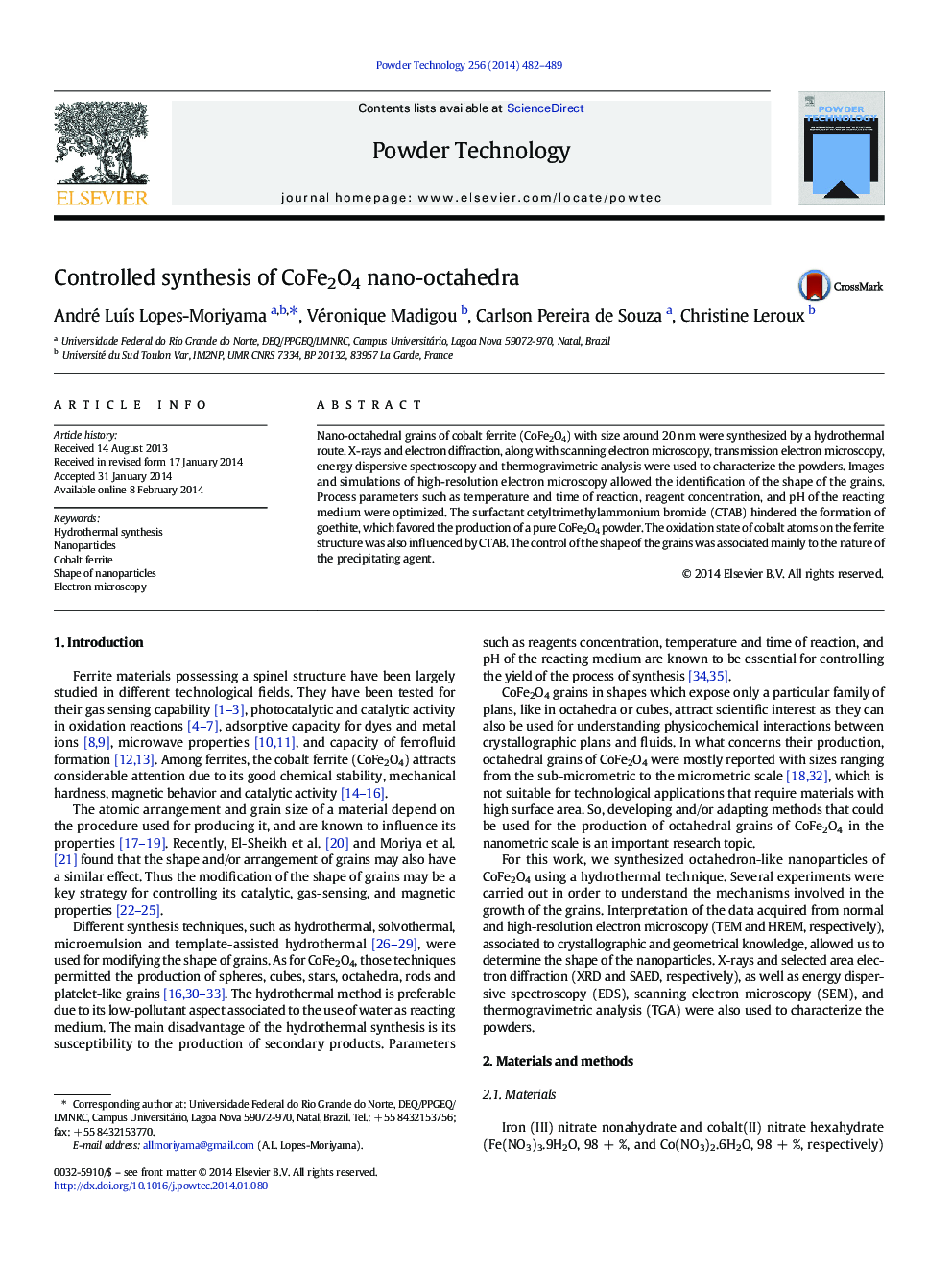 Controlled synthesis of CoFe2O4 nano-octahedra