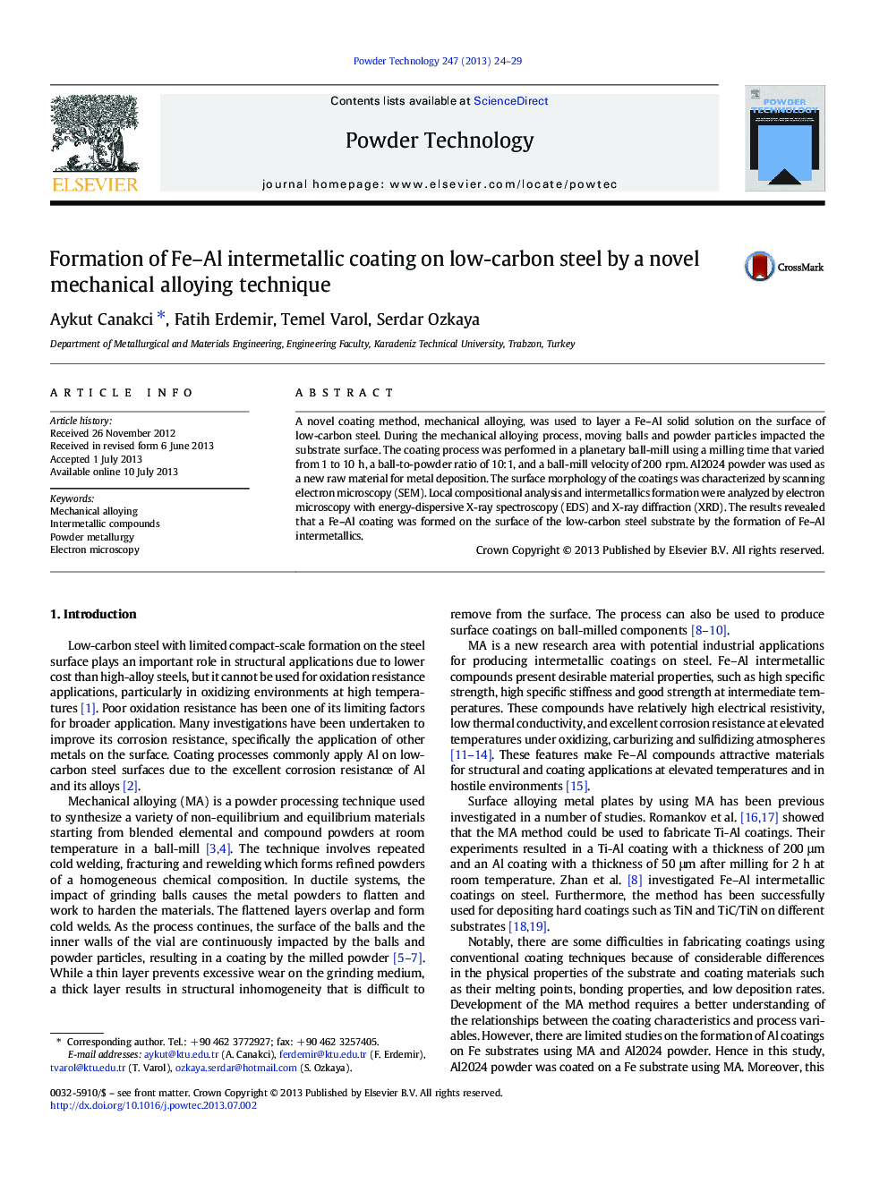 Formation of Fe-Al intermetallic coating on low-carbon steel by a novel mechanical alloying technique