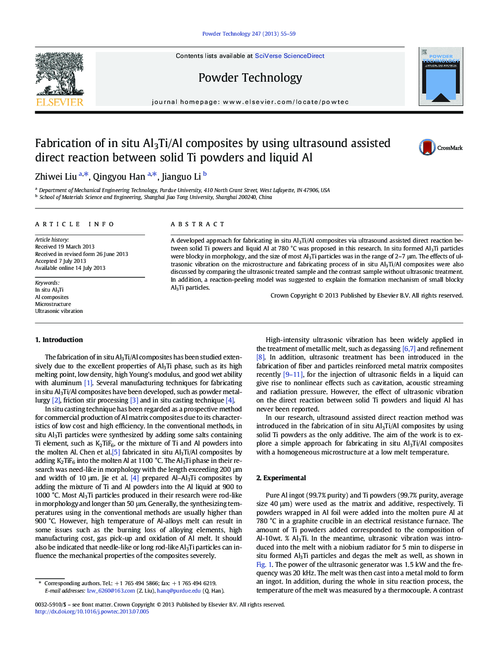 Fabrication of in situ Al3Ti/Al composites by using ultrasound assisted direct reaction between solid Ti powders and liquid Al