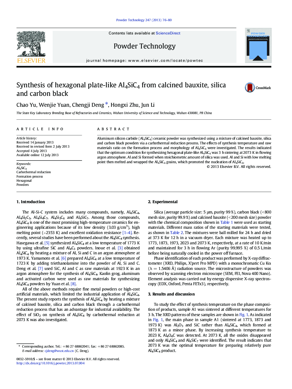 Synthesis of hexagonal plate-like Al4SiC4 from calcined bauxite, silica and carbon black