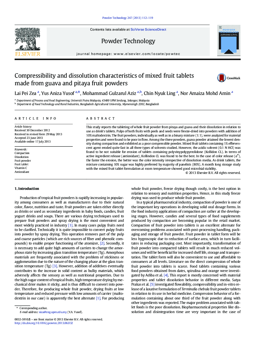 Compressibility and dissolution characteristics of mixed fruit tablets made from guava and pitaya fruit powders