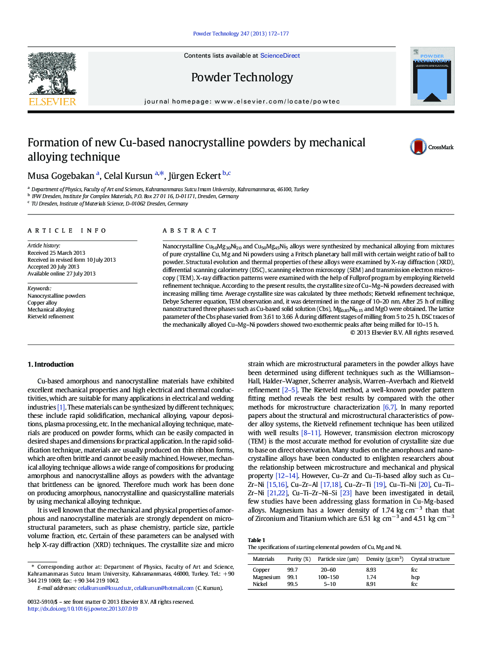 Formation of new Cu-based nanocrystalline powders by mechanical alloying technique