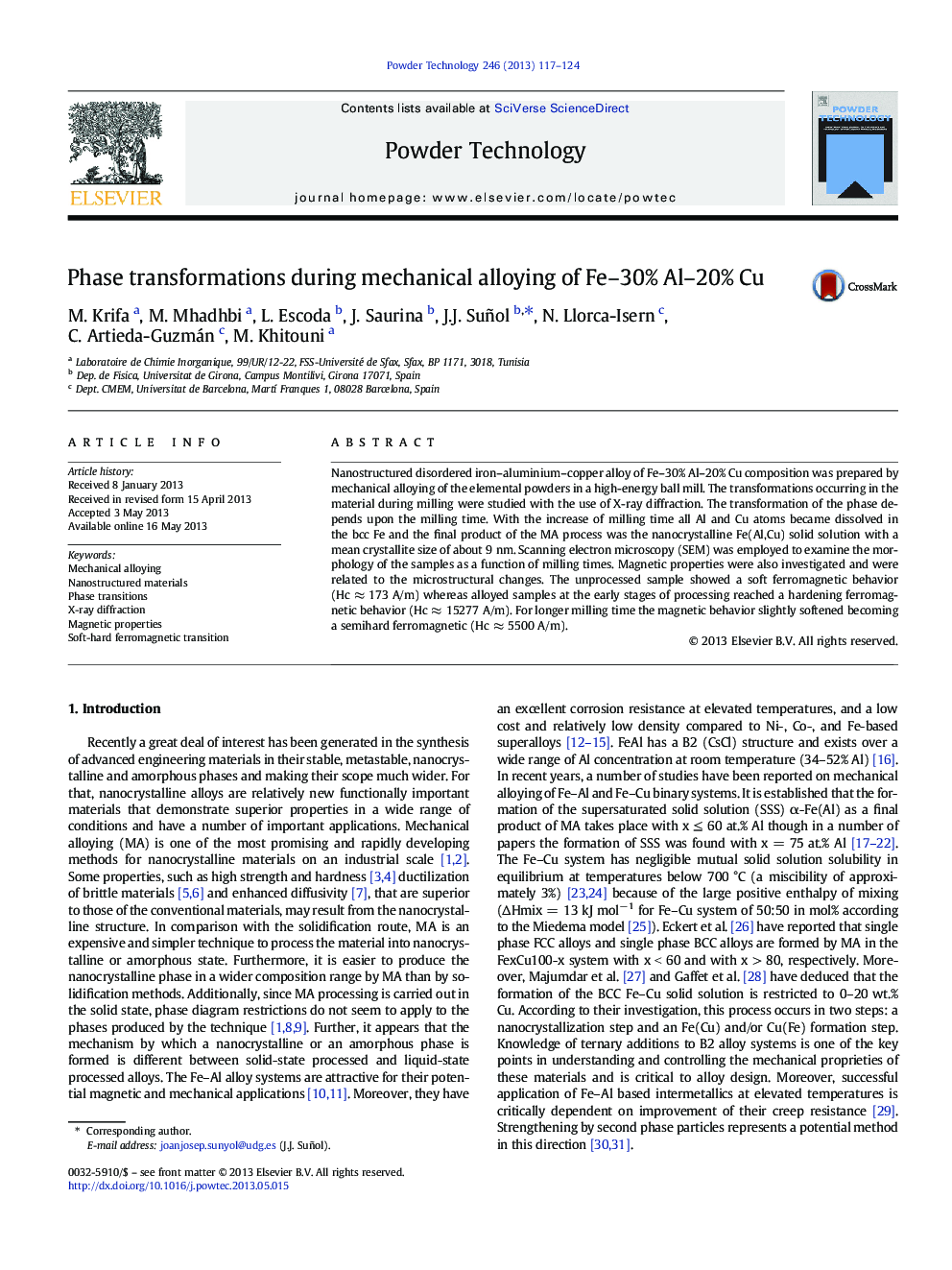 Phase transformations during mechanical alloying of Fe-30% Al-20% Cu