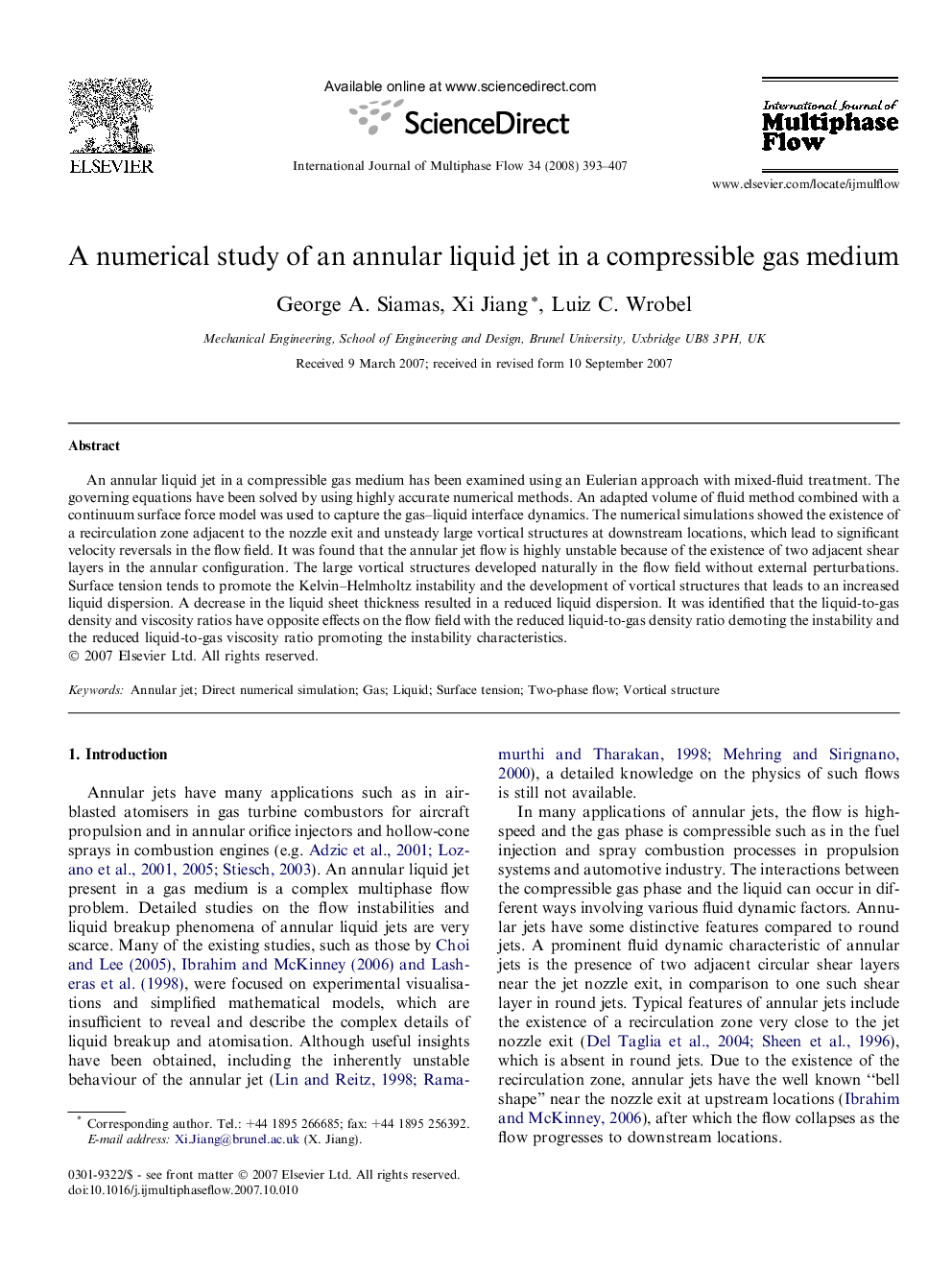 A numerical study of an annular liquid jet in a compressible gas medium