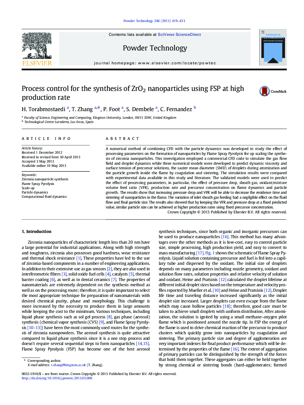 Process control for the synthesis of ZrO2 nanoparticles using FSP at high production rate