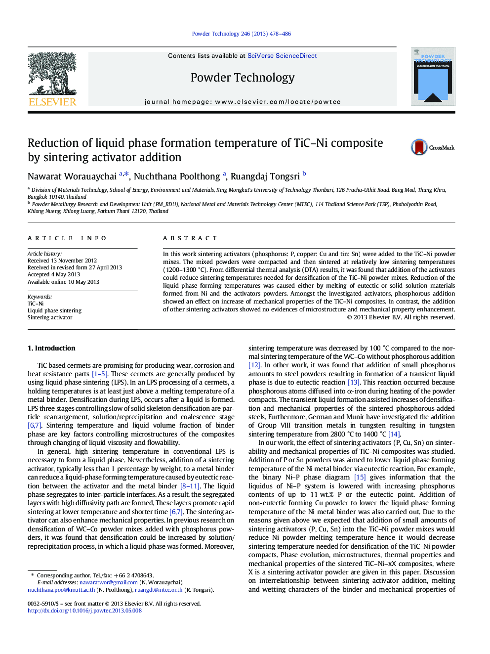 Reduction of liquid phase formation temperature of TiC-Ni composite by sintering activator addition