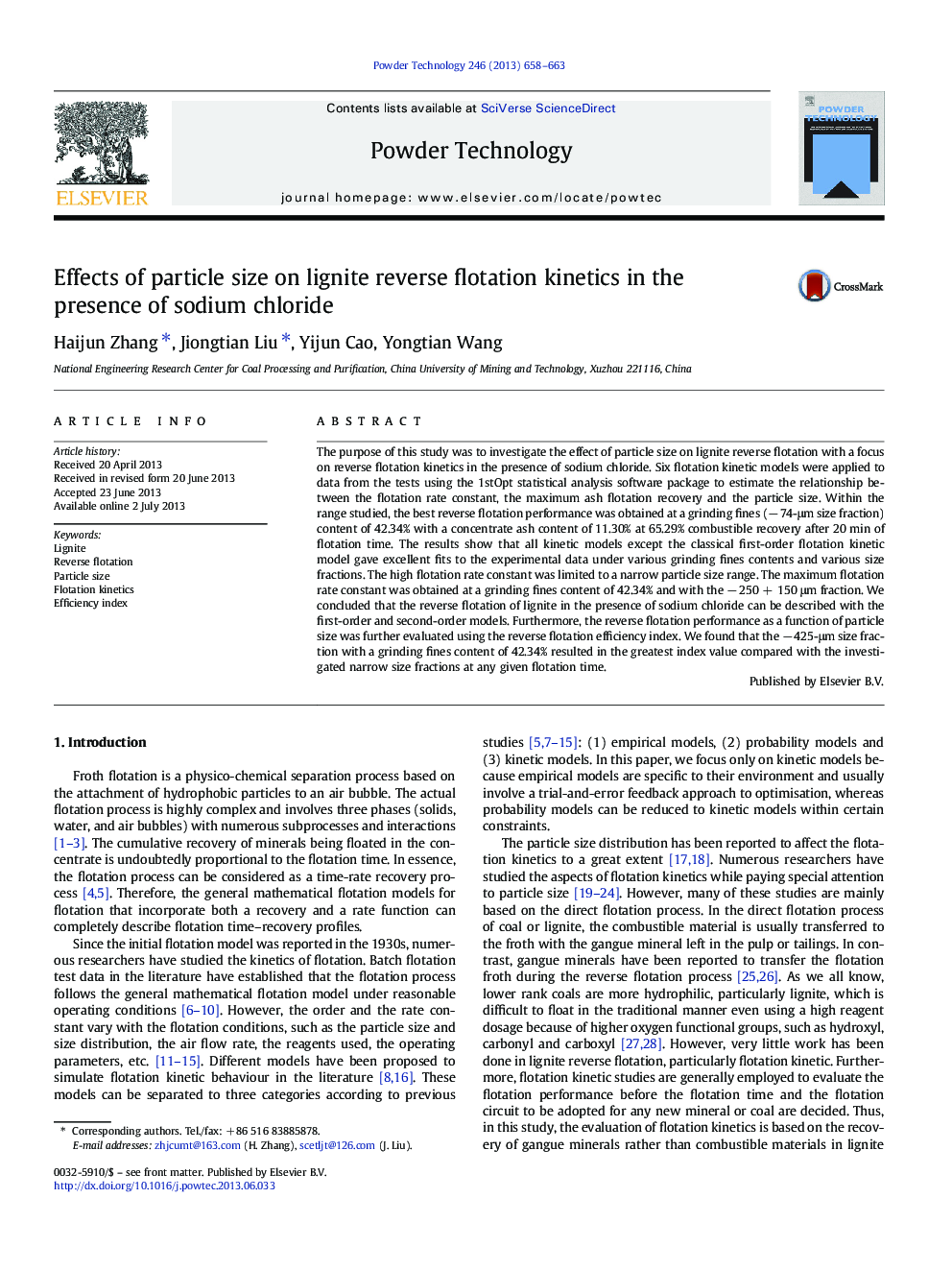 Effects of particle size on lignite reverse flotation kinetics in the presence of sodium chloride