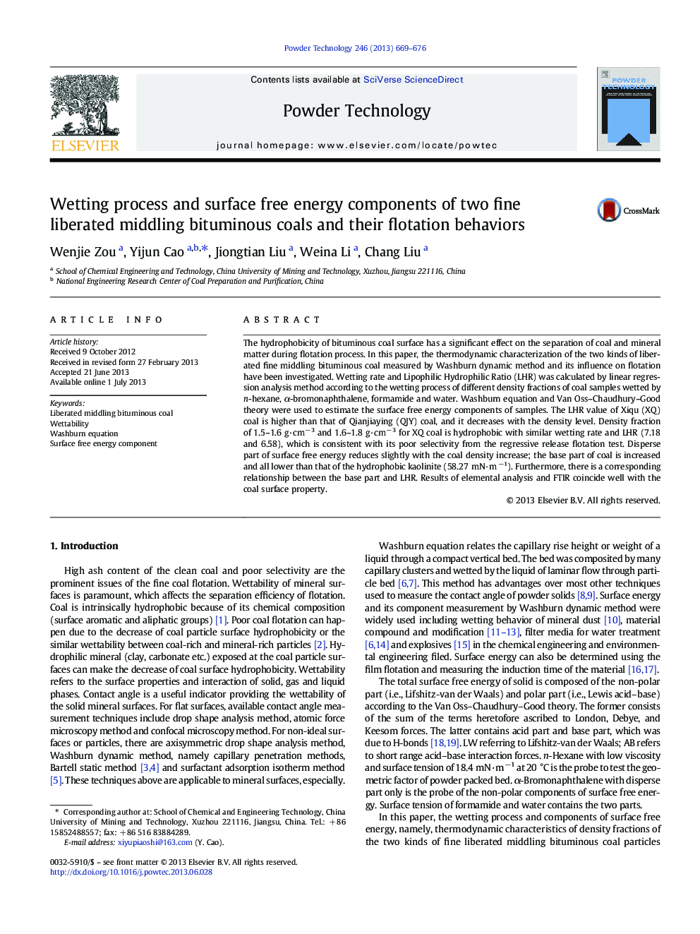 Wetting process and surface free energy components of two fine liberated middling bituminous coals and their flotation behaviors