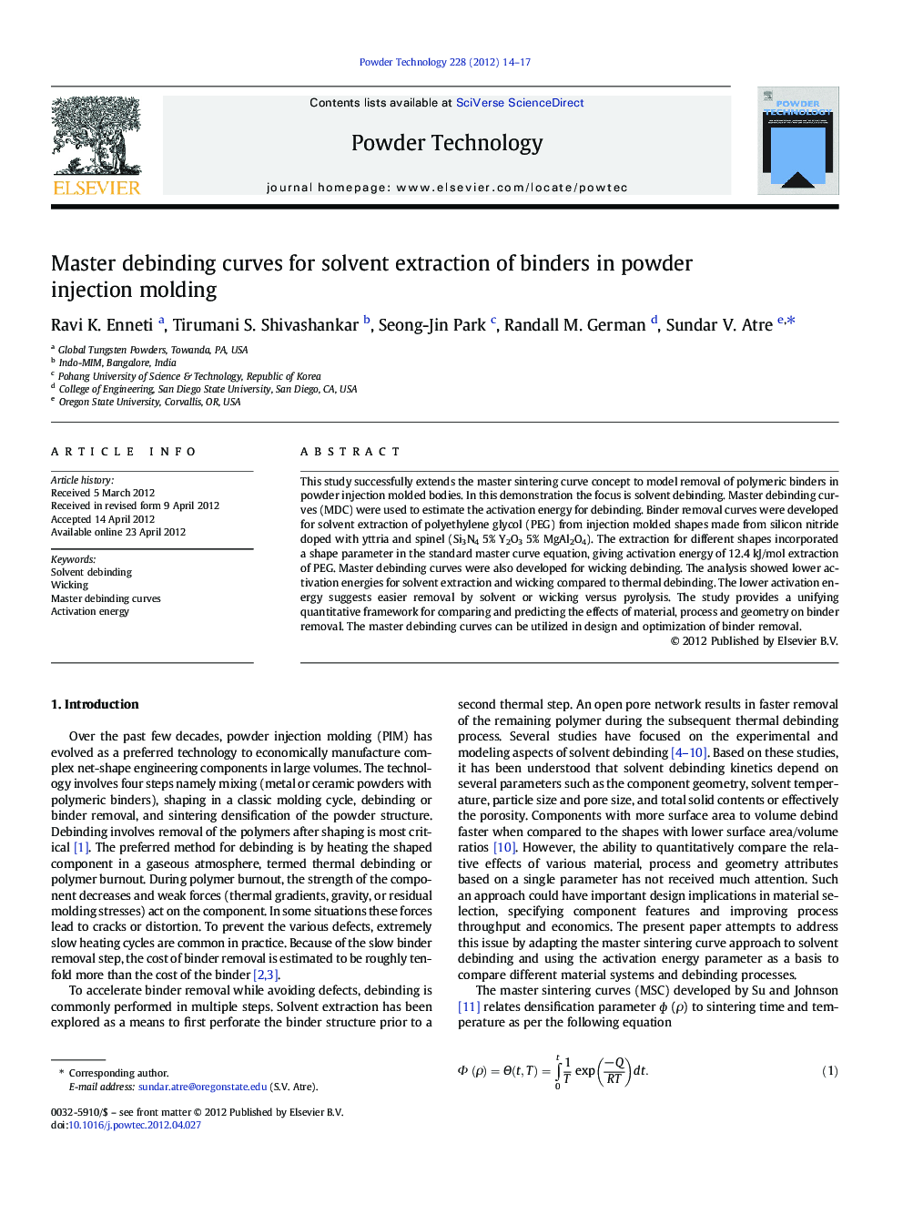 Master debinding curves for solvent extraction of binders in powder injection molding