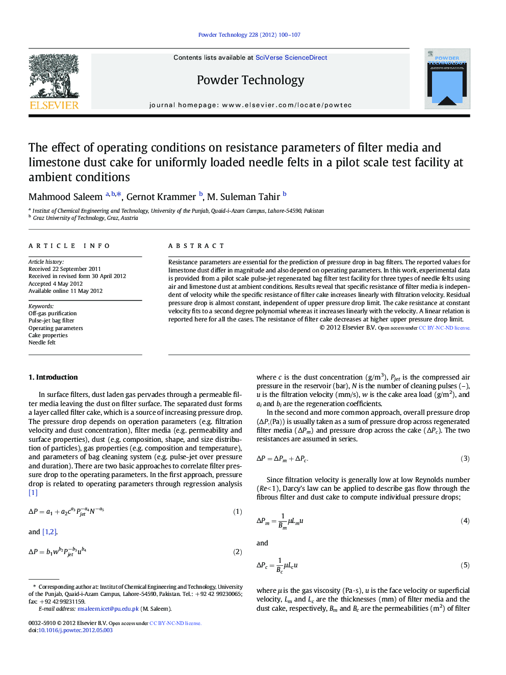 The effect of operating conditions on resistance parameters of filter media and limestone dust cake for uniformly loaded needle felts in a pilot scale test facility at ambient conditions