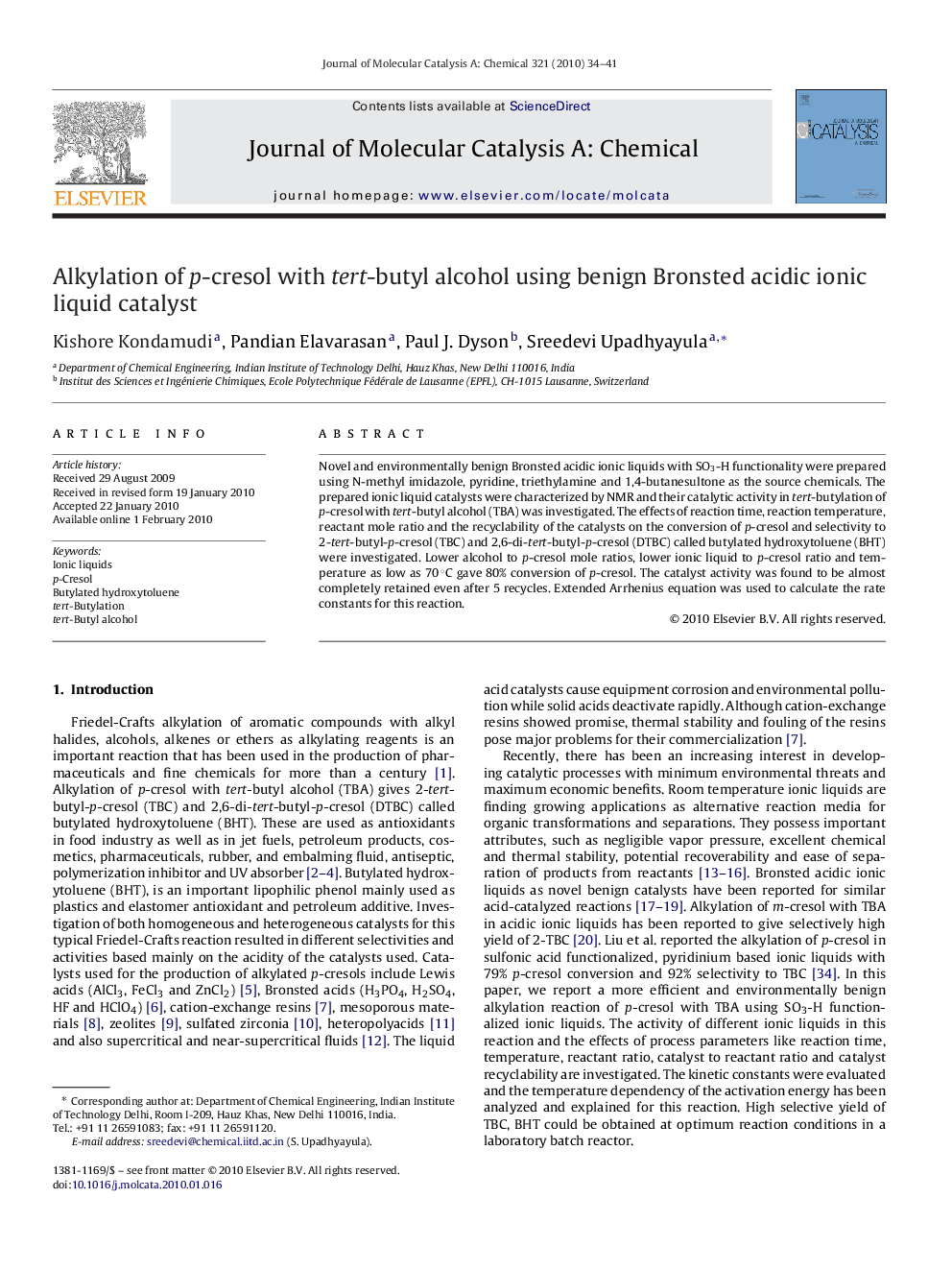 Alkylation of p-cresol with tert-butyl alcohol using benign Bronsted acidic ionic liquid catalyst