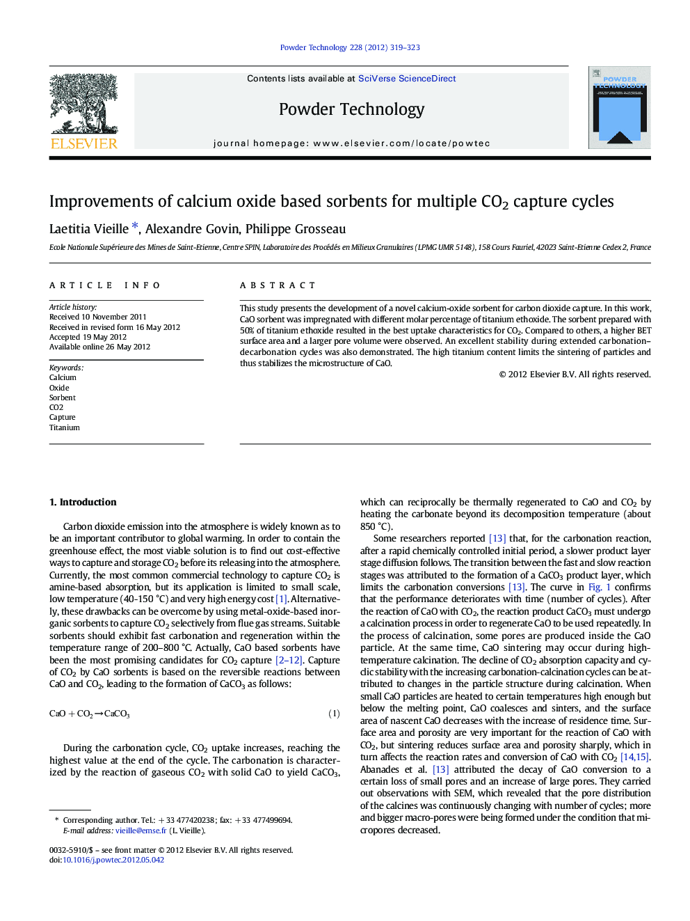 عکس صفحه اول مقاله: Improvements of calcium oxide based sorbents for multiple CO2 capture cycles Improvements of calcium oxide based sorbents for multiple CO2 capture cycles