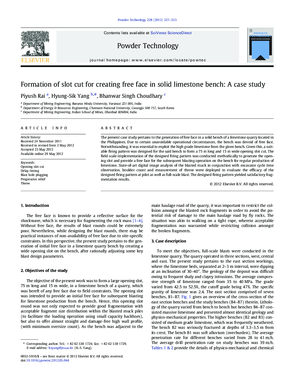 Formation of slot cut for creating free face in solid limestone bench: A case study