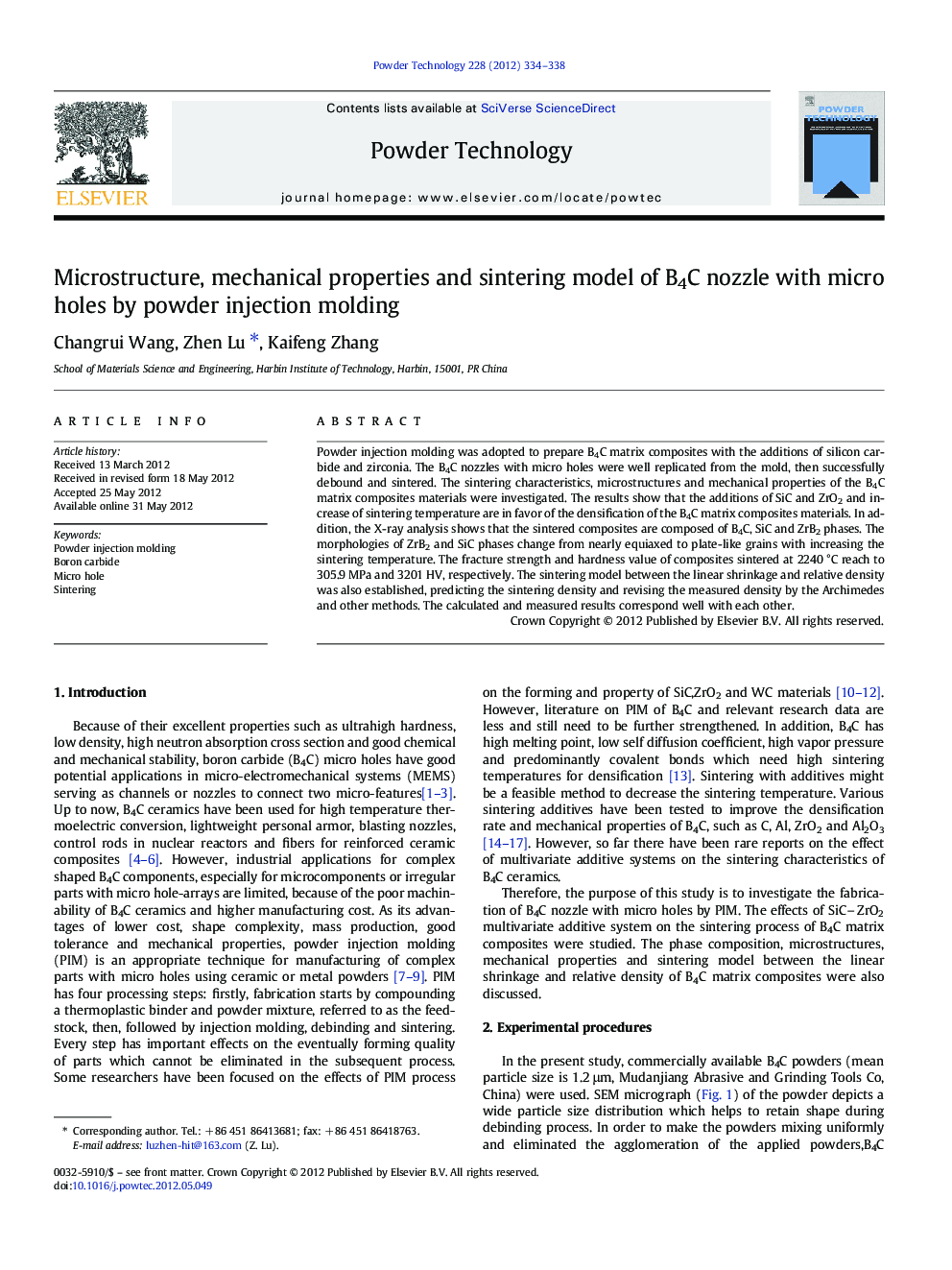 Microstructure, mechanical properties and sintering model of B4C nozzle with micro holes by powder injection molding