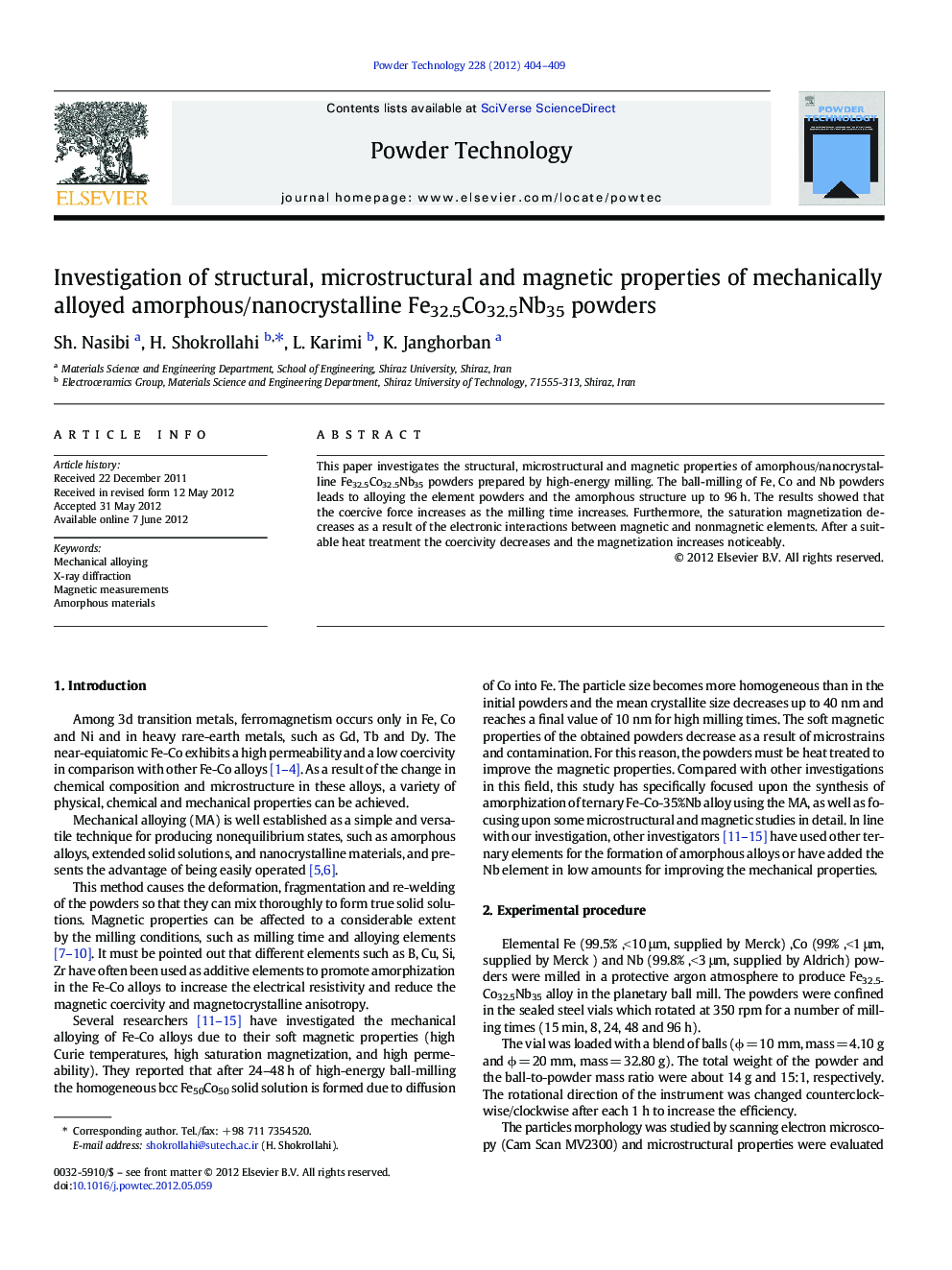 Investigation of structural, microstructural and magnetic properties of mechanically alloyed amorphous/nanocrystalline Fe32.5Co32.5Nb35 powders