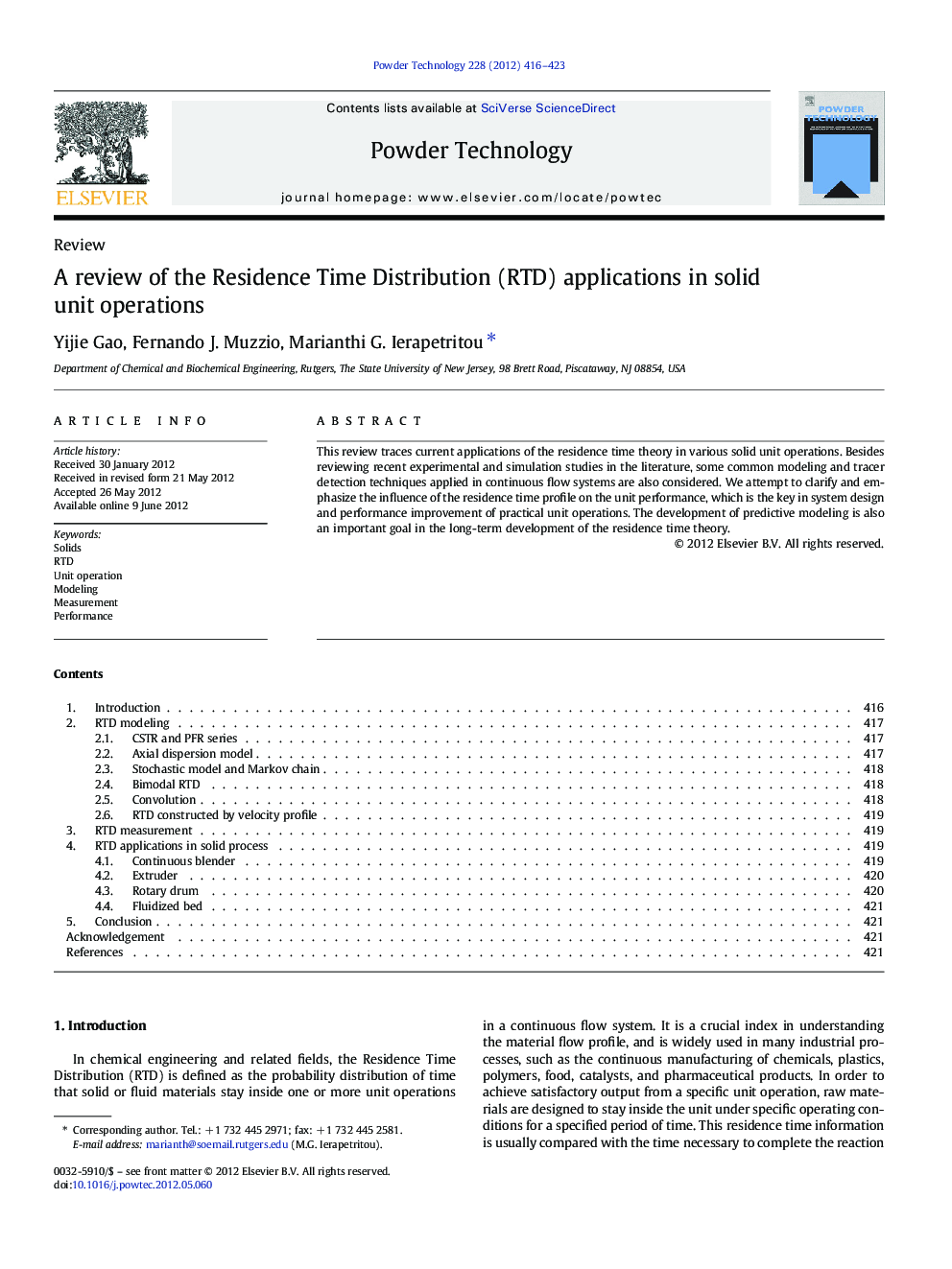 A review of the Residence Time Distribution (RTD) applications in solid unit operations