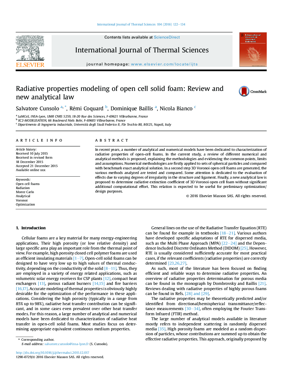 Radiative properties modeling of open cell solid foam: Review and new analytical law