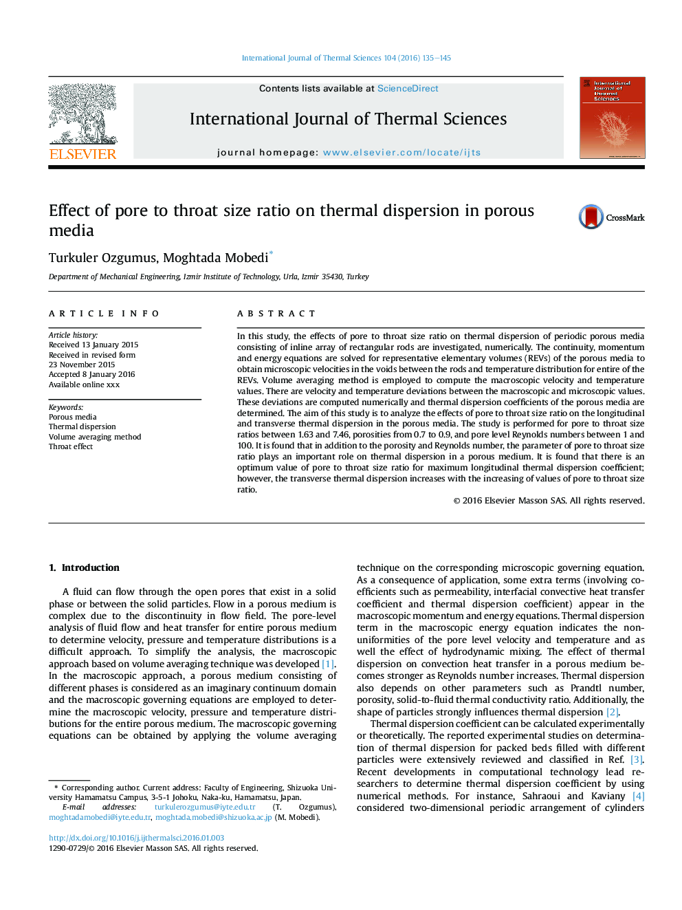 Effect of pore to throat size ratio on thermal dispersion in porous media